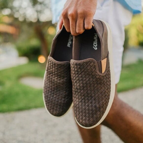 OluKai Lae‘ahi Lauhala Woven Leather Slip On Shoes Dark Java Brown Men’s Size 13 - Picture 1 of 10